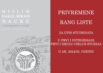 PRIVREMENE RANG LISTE za akademsku 2024/25. godinu, I ciklus studija, I upisni rok