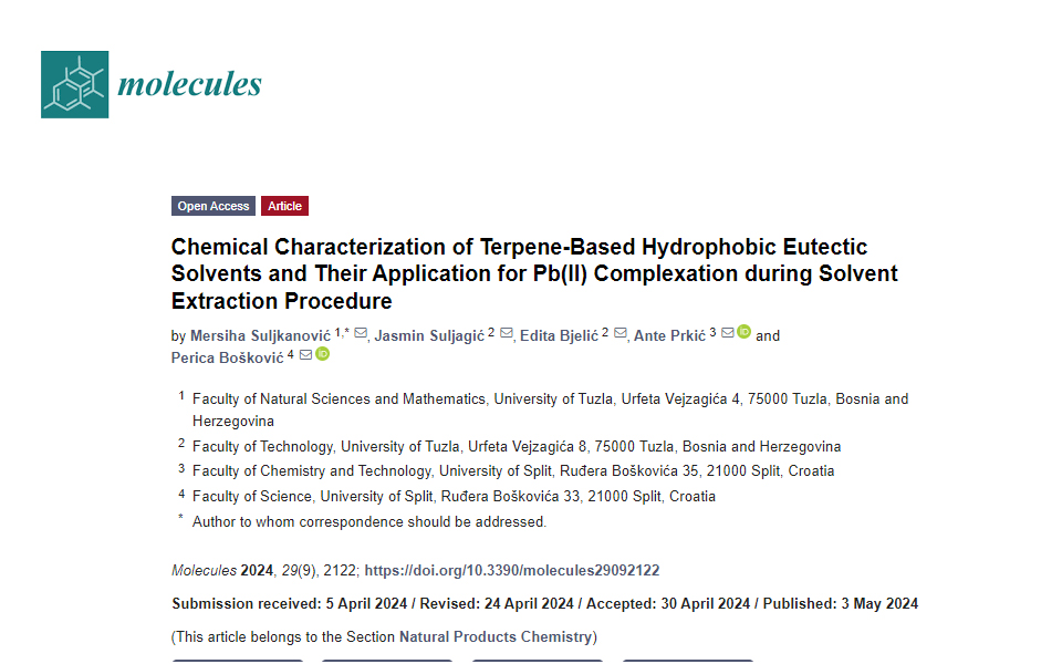 Rezultati međunarodne naučno-istraživačke saradnje Univerziteta u Tuzli i Sveučilišta u Splitu objavljeni u časopisu "Molecules"